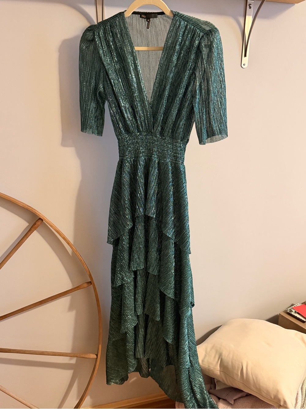 Maje Teal Metallic Tiered V-Neck High-Low Dress